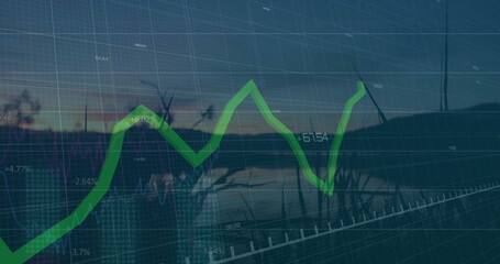 Hovering bright green trend line chart over lakeside at dusk, with grid overlay and data labels