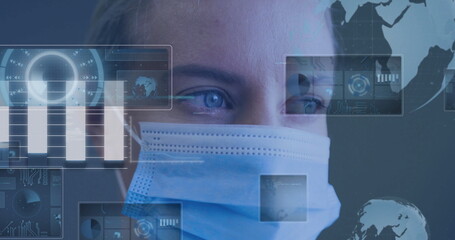 Analyzing medical professional wearing surgical mask in digital lab, with holographic data overlays