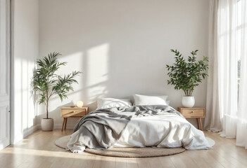 A cozy Scandinavian bedroom with natural light, soft wood, and minimalist design.