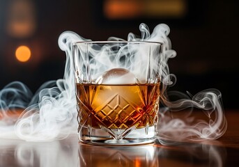Halloween Food Styling Photography Smoky Whiskey Cocktail with Large Ice Sphere in Crystal Glass
