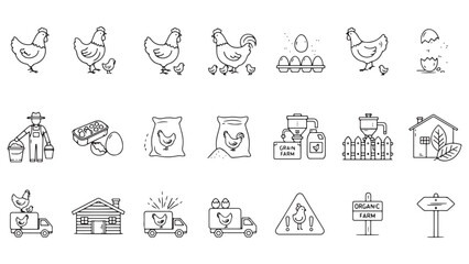 Poultry Farming line icon set. Vector pictograms of chicken, eggs incubator, henhouse, feeding equipment, free-range, rooster, agriculture, organic farm thin linear illustration.