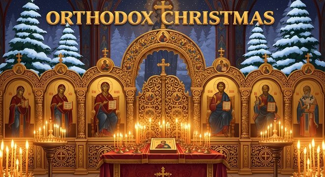 Orthodox christmas celebration in church with iconography and candlelit ambiance for festive greeting card design