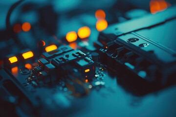 Close-up of intricate electronic components with glowing lights, showcasing technology in action