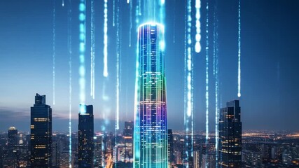 Futuristic cityscape featuring a modern skyscraper illuminated with vibrant colors and data streams, symbolizing technological advancement and global connectivity at dusk - Powered by Adobe