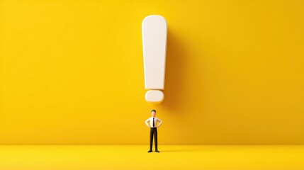 A businessman in a suit stands confidently beneath an oversized exclamation mark set against a vibrant yellow background during daytime. The bright colors create an eye-catching contrast.