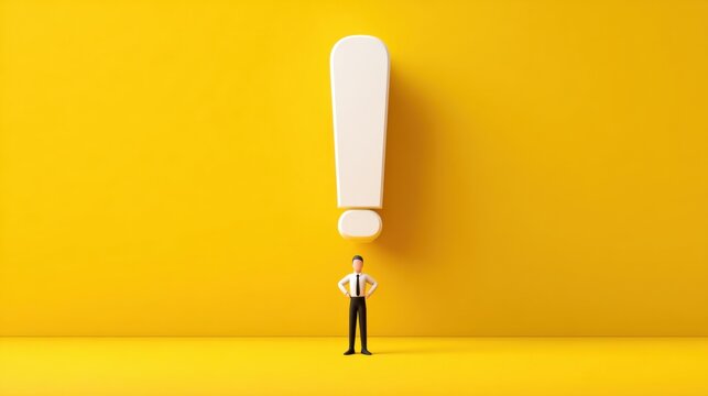 A businessman in a suit stands confidently beneath an oversized exclamation mark set against a vibrant yellow background during daytime. The bright colors create an eye-catching contrast.