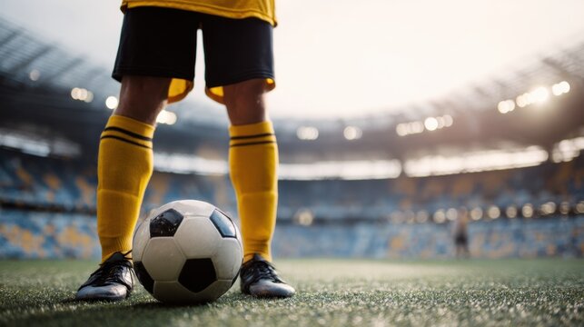A soccer player stands confidently on the field, ready to take a penalty kick under the bright sky. The stadium is filled with cheering fans, creating an electric atmosphere.