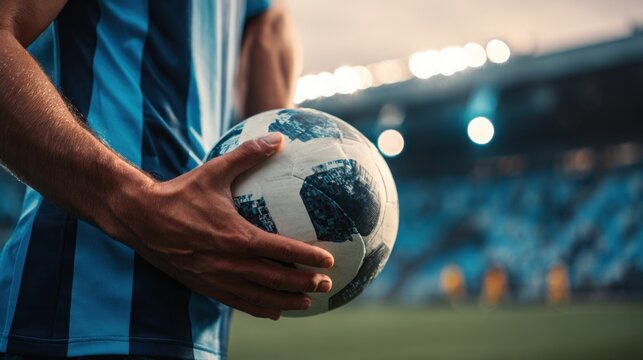 A soccer player stands at the edge of the field, holding a ball in hand, ready for a throw-in as the evening game unfolds under stadium lights, with fans in the background.