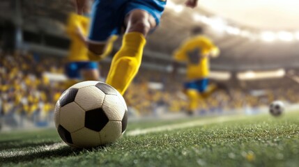 A ball rolls across the green turf as players in bright yellow and blue jerseys engage in an intense soccer match. The atmosphere is electric with cheering fans in the background.