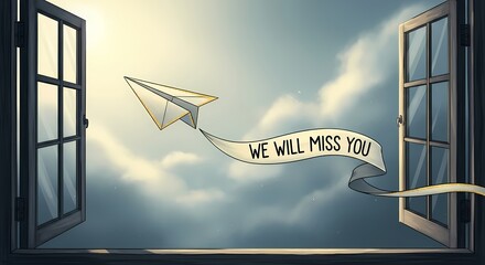 Farewell message concept with paper airplane flying through open window into cloudy sky