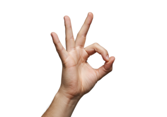 Ultra-detailed close-up of a light-skinned adult male hand making a precise 'OK' gesture, isolated on a transparent studio background with soft lighting concept of approval and efficiency