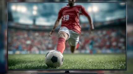 A soccer player takes a powerful shot on goal, driving the ball forward. The vibrant stadium buzzes with excitement as fans cheer from their seats, creating a lively atmosphere.