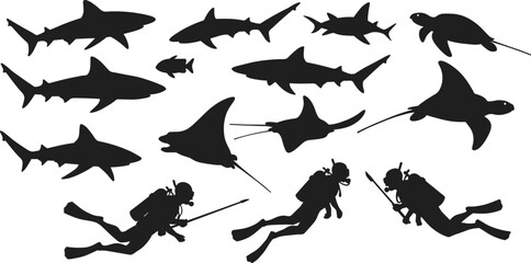 Shark, stingray, turtle, and scuba diver silhouette vector illustration for marine life design, underwater exploration, ocean wildlife, sea animal graphics collection