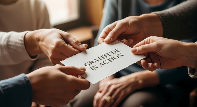Gratitude in action gathering theme with group holding card promoting community and appreciation