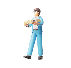 Delivery courier holding parcel box walking, 3D vector office man in blue suit carrying package, postal logistic service