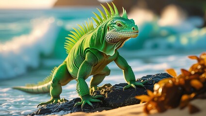 Fototapeta premium Vivid green iguana on a rocky beach near the ocean waves during the day