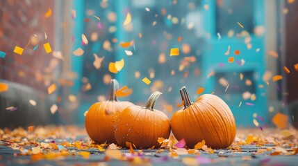 Three pumpkins with confetti falling in front of a blue door backdrop