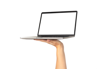 Woman's Hand Holding Open Laptop with Blank Screen computer technology isolated on a transparent background