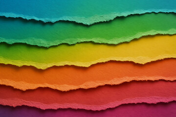 Vibrant rainbow layers of torn paper create a textured background
