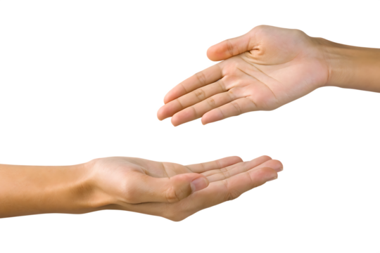 Two Open Hands Reaching Towards Each Other Isolated on giving isolated on a transparent background