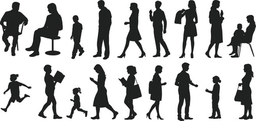 Silhouettes of people, adults and children, walking, sitting, running, and reading, in casual poses, isolated vector set on white background