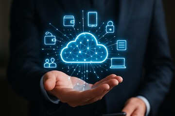Businessman holds digital cloud computing technology and networked devices in his palm
