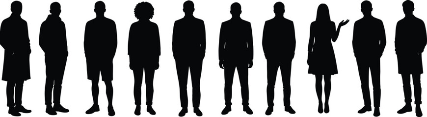 Silhouette group of diverse standing people, men and women, front view, isolated on white background, business team or crowd concept illustration