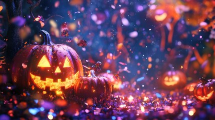 Glowing jack o lanterns with confetti on a dark halloween night scene