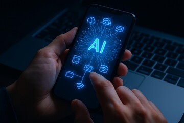 Person holding a smartphone displaying the ai logo and icons glowing with futuristic blue digital interface technology