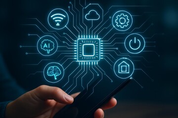 Futuristic technology concept hand interacting with digital network of icons centered on a microchip