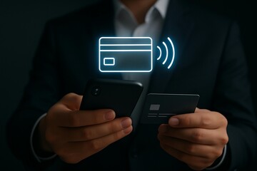 Person holding smartphone and credit card for secure contactless mobile payment