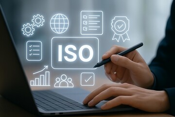 Modern business person interacting with iso standards on a digital interface