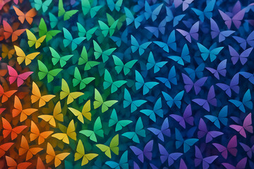 Vibrant rainbow butterfly wall art displayed in a gradient pattern