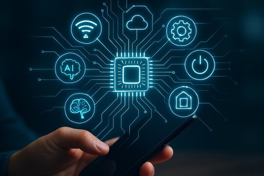 Futuristic technology concept hand interacting with digital network of icons centered on a microchip
