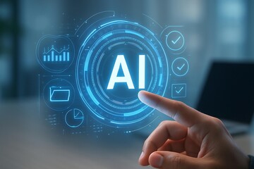 Person's finger interacting with futuristic ai interface displaying glowing 'ai' symbol