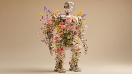A transparent robot figure stands adorned with vibrant flowers, merging mechanical design with botanical elements, perfect for an art showcase or modern installation.