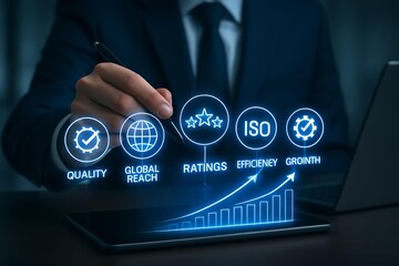 Businessperson reviews digital performance metrics and quality standards on futuristic interface