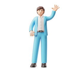 Businessman in blue suit greeting hand gesture, showing five fingers, 3D cartoon vector office manager character