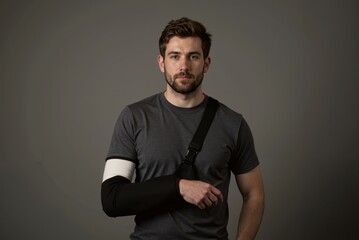 a man with an arm cast standing in front of a gray background