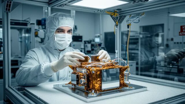 Scientist adjusting quantum state modulators on a satellite payload under the sterile filtered air environment of a clean bench.