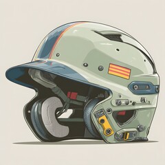 Fototapeta premium A green baseball helmet with a blue visor and a yellow stripe on a light background