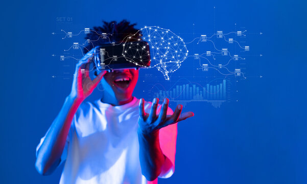 A young person experiences generative AI technology through a virtual reality headset, interacting with brain and data visualizations against a vibrant backdrop. XDMCP - Powered by Adobe