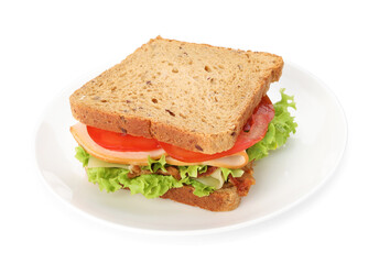Tasty sandwich with ham, bacon, cheese and vegetables isolated on white