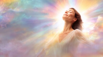 A woman stands with eyes closed, embracing a moment of tranquility as colorful rays of light burst around her, creating a serene and uplifting atmosphere.