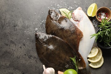 Fresh flounder fish, spices and products on grey textured table, flat lay with space for text. Raw...