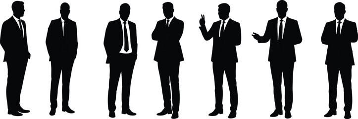 Businessmen silhouettes in formal suits, professional poses, standing confidently, various gestures, corporate style, business team illustration, black and white vector image set.