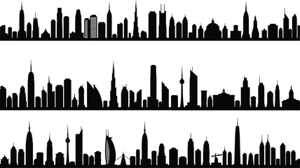 Fototapeta premium Modern global city skyline silhouette vector set, featuring iconic urban landmarks, architectural skyline outlines, famous buildings, and cityscapes for graphic design.
