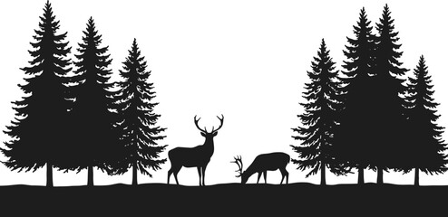 Deer in forest landscape vector illustration, silhouette of wild animals with pine trees, nature scenery for outdoor, wildlife, hunting, and woodland design.