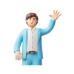 Businessman in blue suit greeting hand gesture, showing five fingers, 3D vector office manager character half body