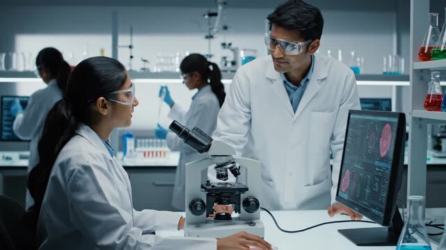 Indian Scientists Collaborating in Modern Lab - Two young Indian scientists, a man and a woman, work together in a modern laboratory setting, using a microscope and computer to analyze data.
